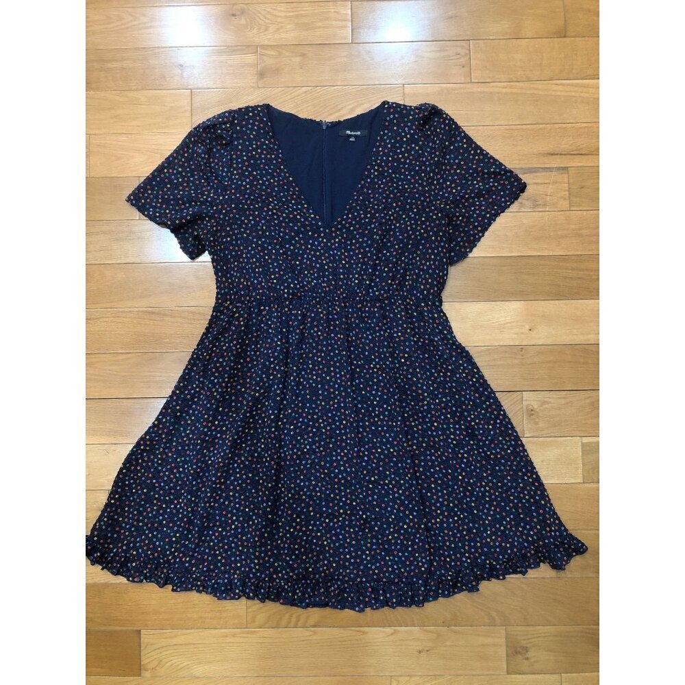Madewell Flutter Sleeve Ruffle Hem Navy Dress in Sugar Dot - Size 10 - Picture 6 of 12